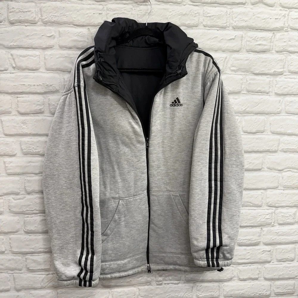Vtg Adidas Men's M/L Black Gray Reversible Jacket 3 Stripe Logo Hooded Coat 90's